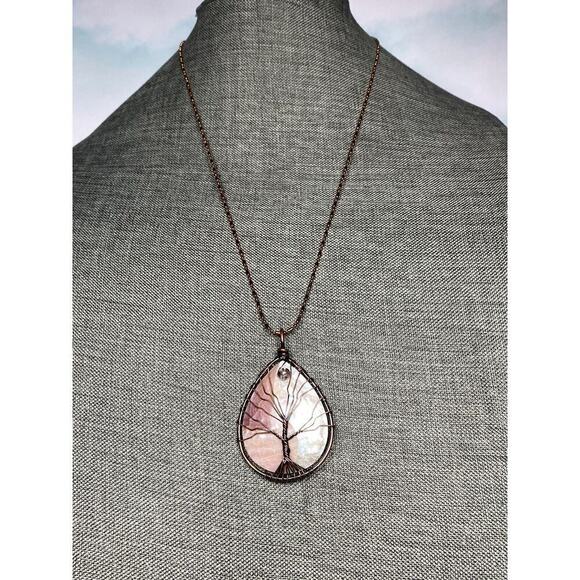 Necklace Mother of Pearl Tree of Life Wire Work Cooper Rose Gold Tone Chain 23” - Picture 13 of 13